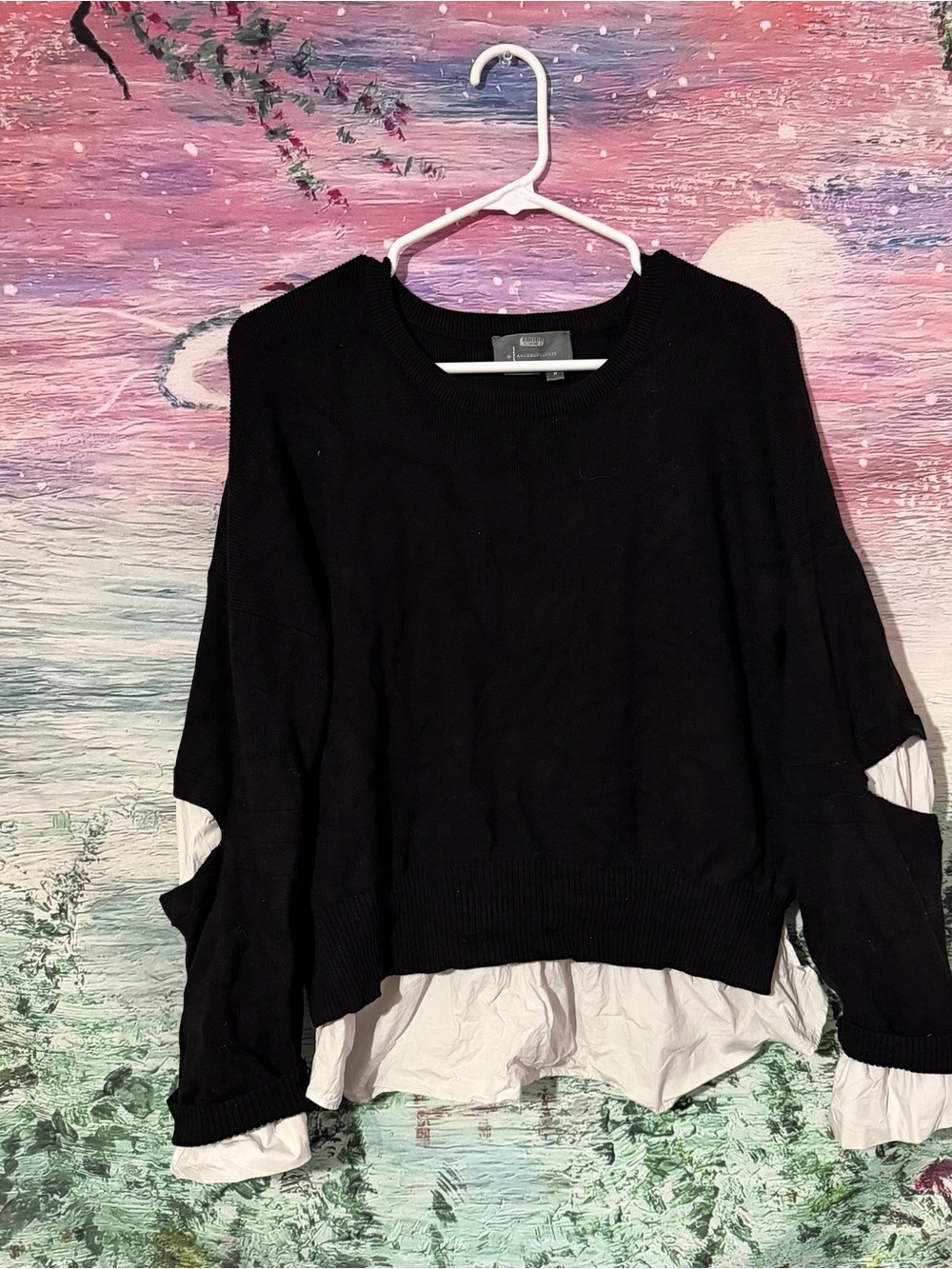 Layered Black Knit Pullover with White Shirt Hem - Women